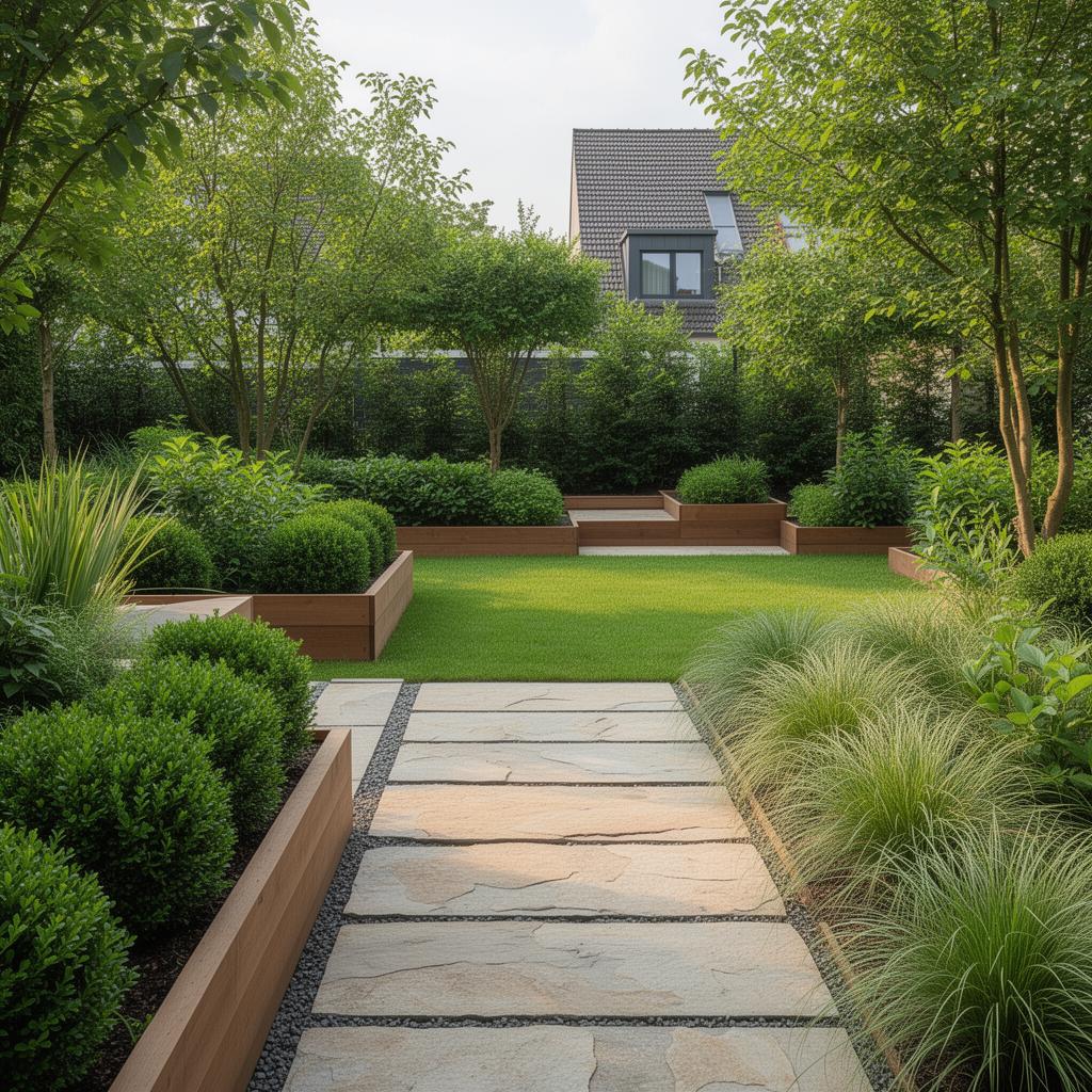 Professionell angelegter Garten mit Natursteinweg, Rasen und Pflanzbeeten